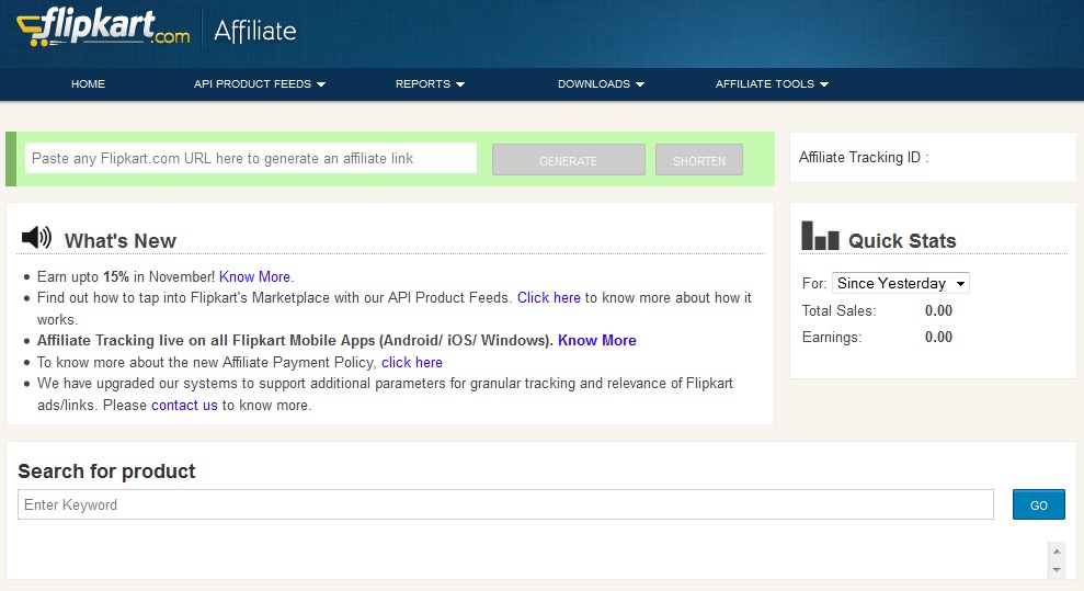 Flipkart Affiliate Program Account Dashboard