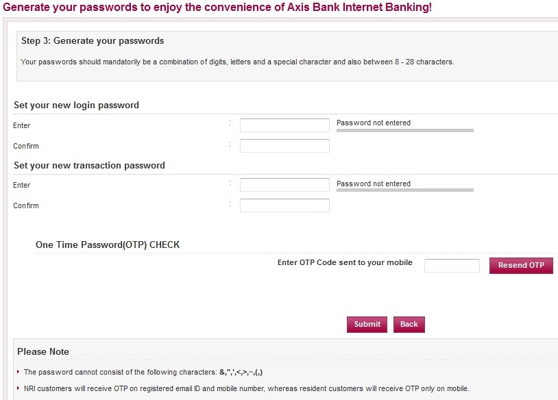 Generate your Password for Axis Bank Internet Banking