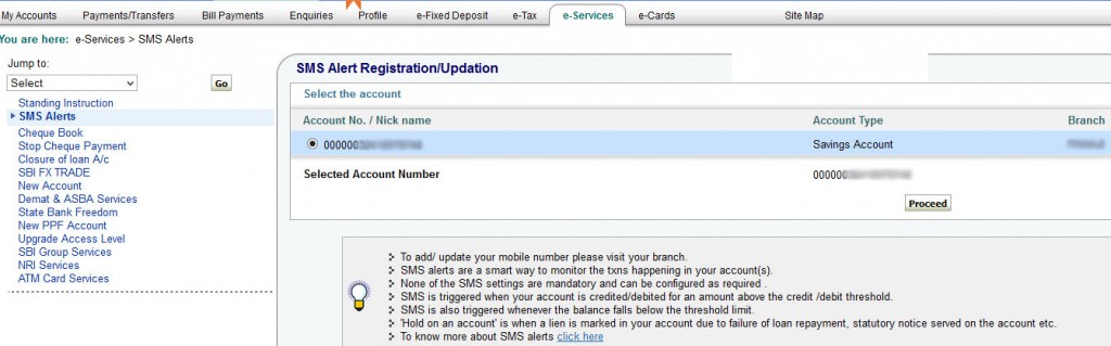 SMS Alert Registration Updation