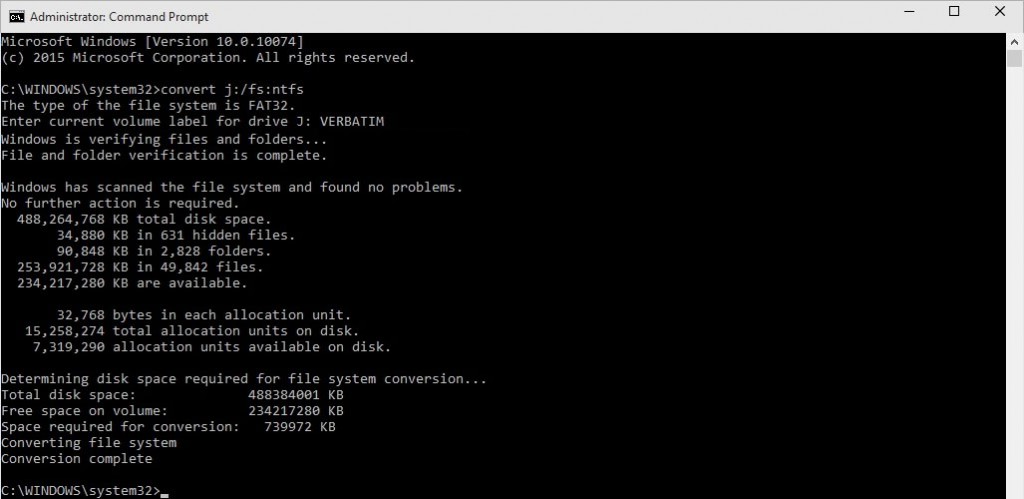 Convert from FAT32 to NTFS in Windows