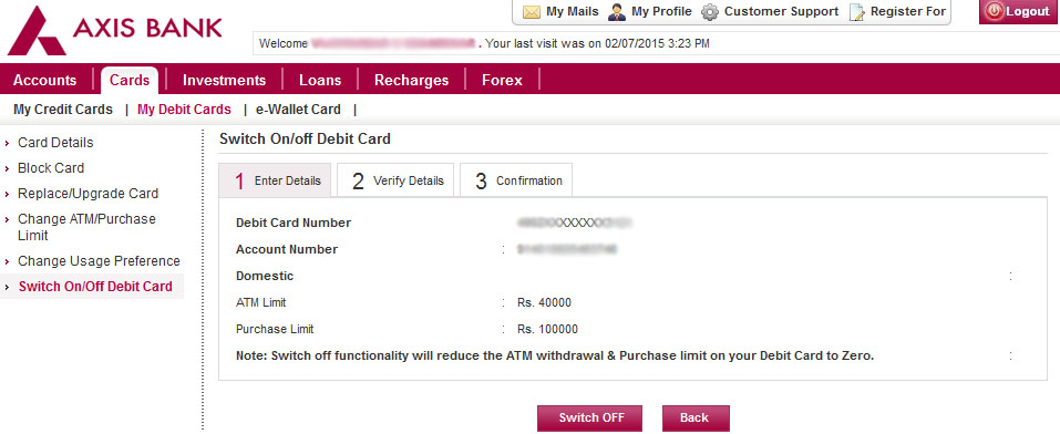 Switch On/Off Axis Bank Debit Card