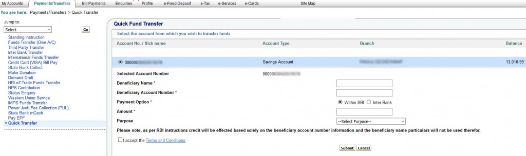 Transfer Funds from Online SBI without Adding Beneficiary