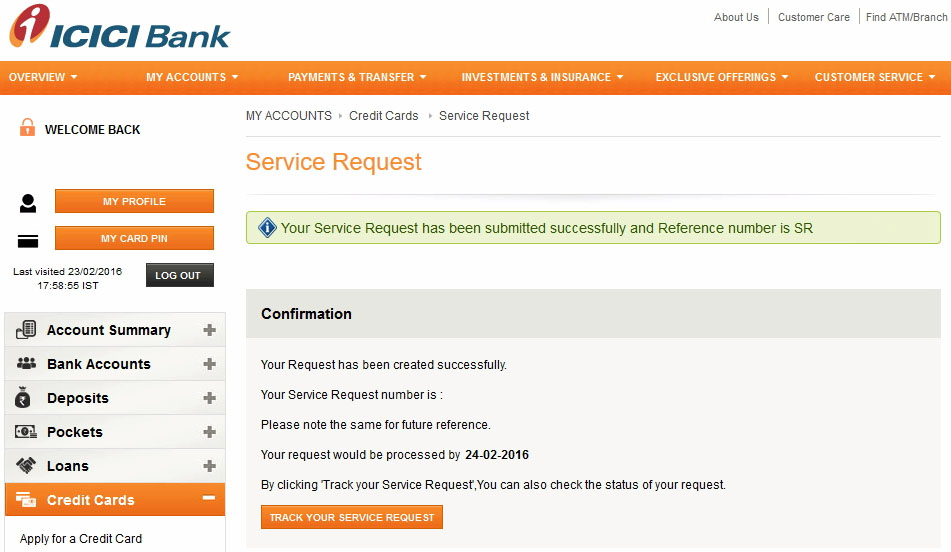 ICICI Bank Credit Card Linking Service request has been submitted successfully