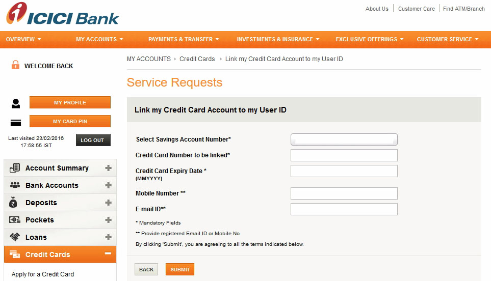 Service Requests Link my Credit Card Account to my User ID