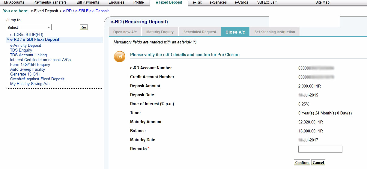 how to pre close sbi rd account