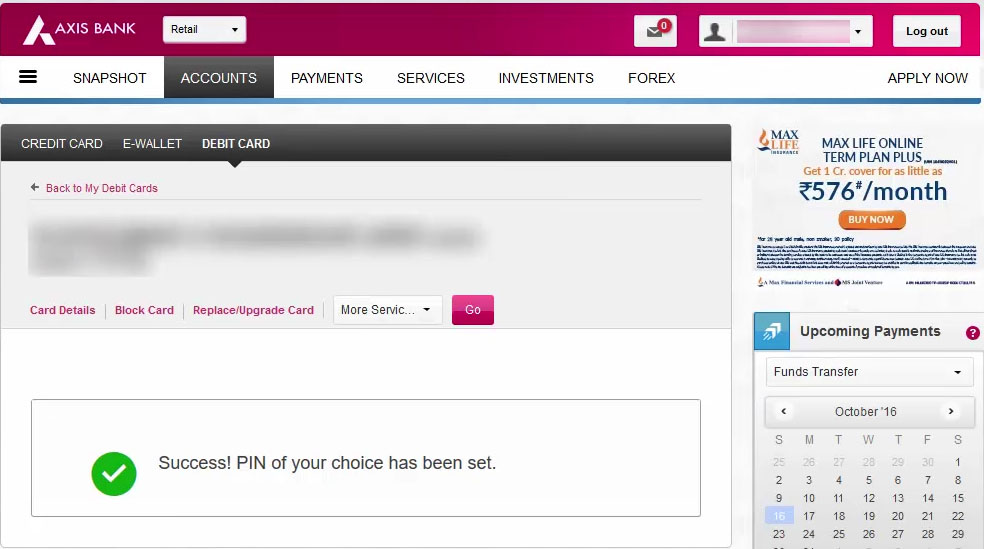 Axis Bank Sucess PIN of your Choice