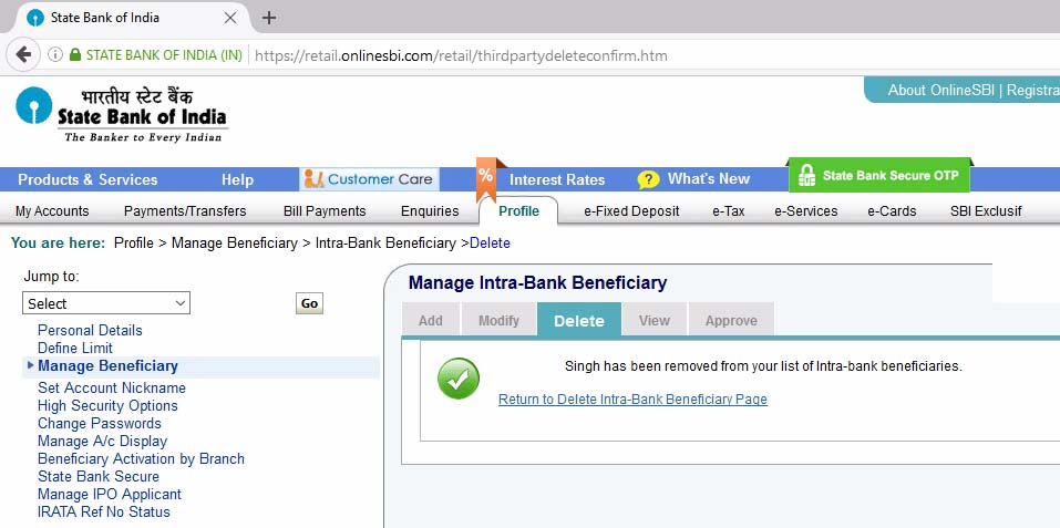 Beneficiary Removed OnlineSBI