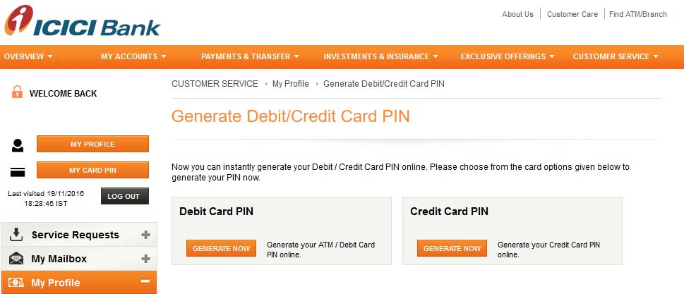 ICICI Bank Generate Debit/ Credit Cad PIN