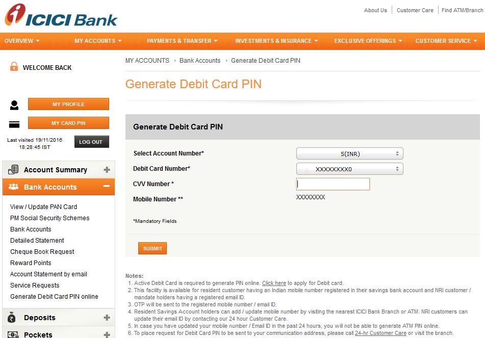 ICICI Generate ATM Card or Credit Card PIN