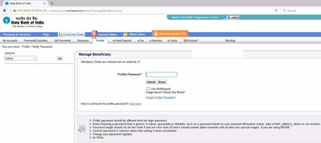 Online SBI Profile Password
