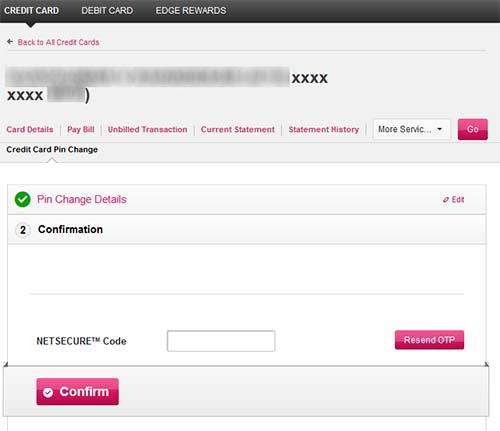 Axis Bank Credit Card PIN Change Confirmation