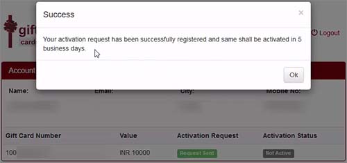 Ticket Compliments Gift Card activation request has been successfully registered