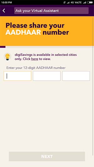 DigiSavings Enter Aadhaar Number