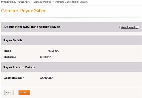 ICICI Delete Registered Payee