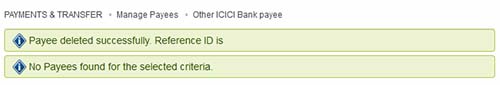 ICICI Payee Deleted Sucessfully