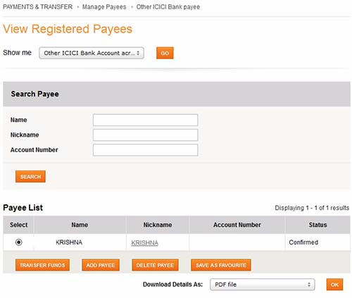 ICICI View Registered Payees