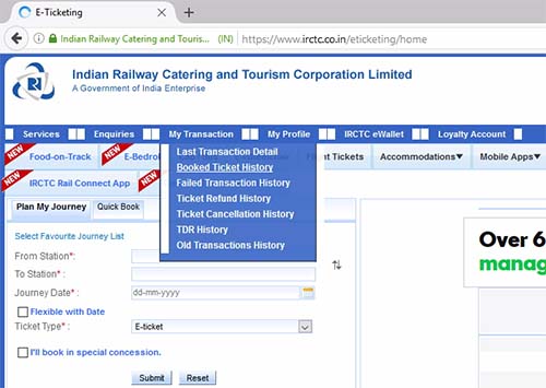 IRCTC Booked Ticket History