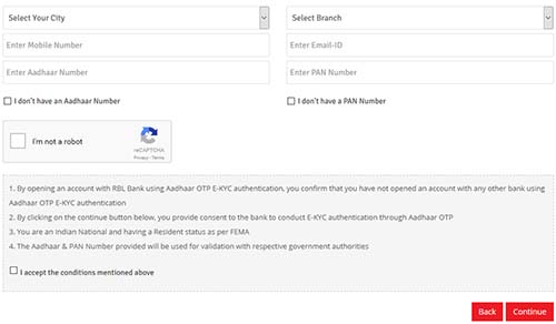 Open RBL Bank Using Aadhaar OTP e-KYC Authentication
