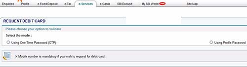 Request SBI Debit Card using Mode