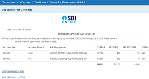 SBI Interest Certificate