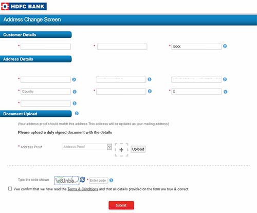 HDFC Address Change Screen