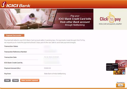 ICICI Bank Credit Card Payment Sucess