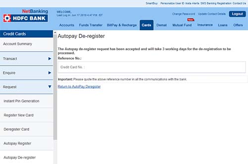 HDFC Auto Pay De-registered