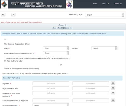 Apply online for registration of new voter/due to shifting from AC (Form 6)