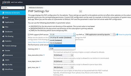 Plesk PHP Settings