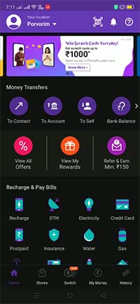 PhonePe Home Screen