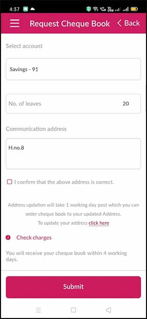 Axis Mobile Request Cheque Book Form