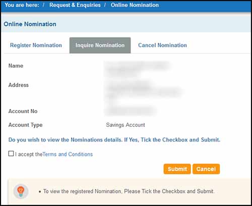 Inquire Nomination Online SBI