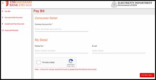 tjsb bank goa electricity bill payment