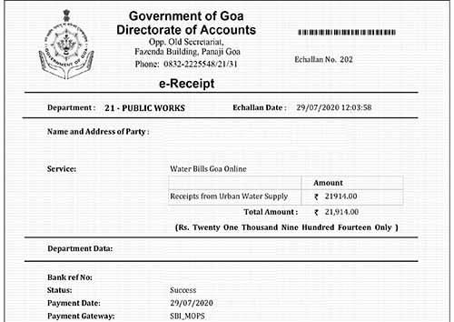 Goa Water Bill Payment Receipt
