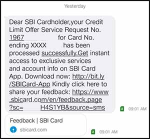 SBI CC Limit Increase Processed Message