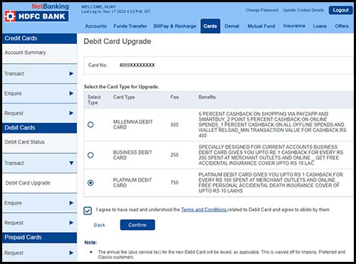 Select HDFC Card Type for Upgrade