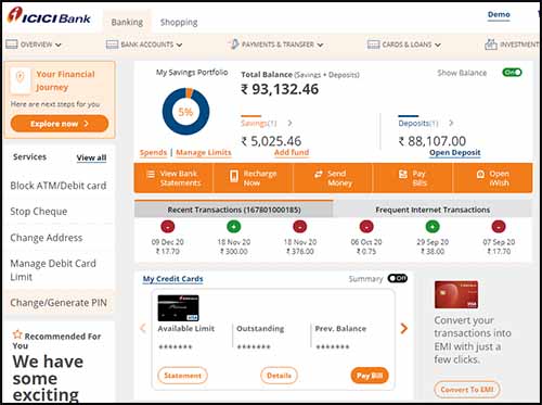 ICICI Netbanking Dashboard