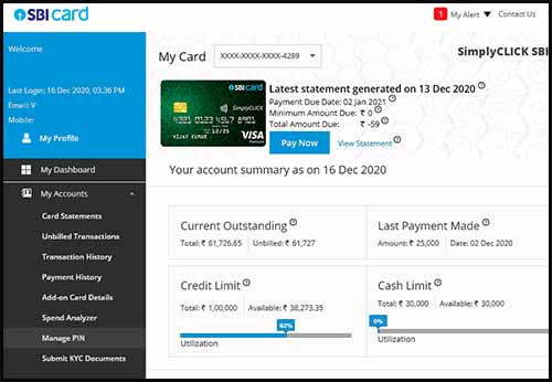 SBI Card Portal Dashboard Page