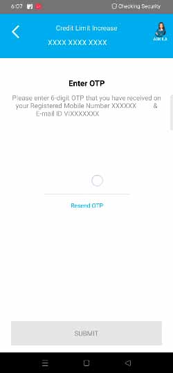 SBI Card app Increase Limit OTP