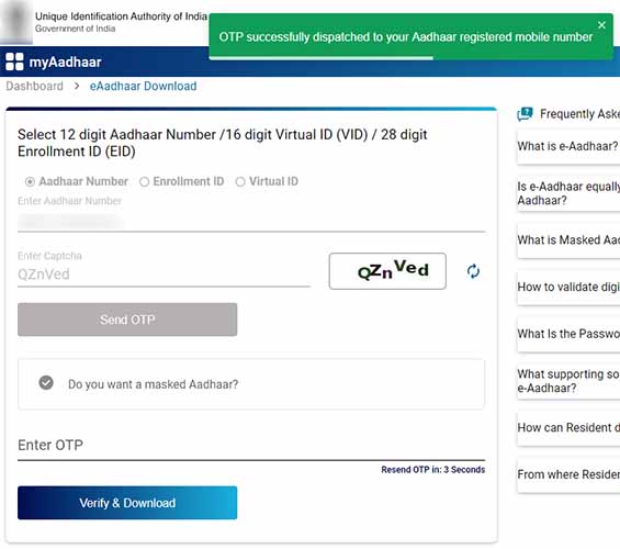 eAadhaar Download OTP