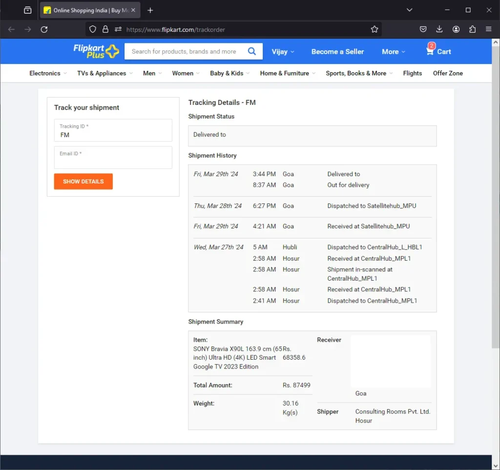 Flipkart Tracking Details