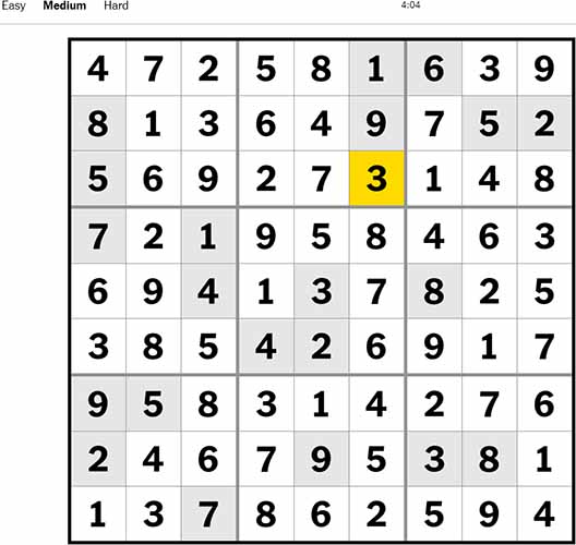 NYT Sudoku Medium 011022