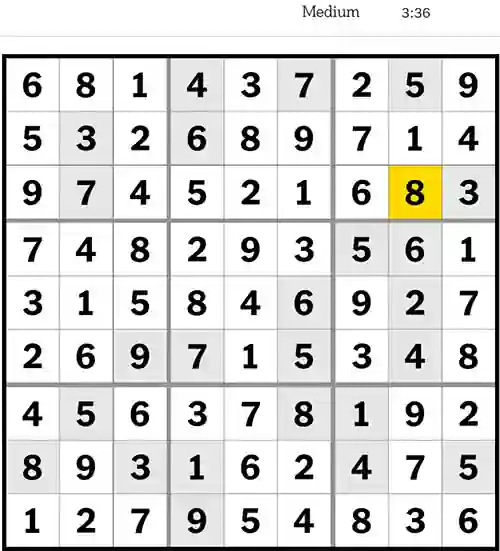 NYT Sudoku Medium 28th May 2023