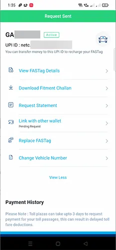 Paytm FasTag Request Sent