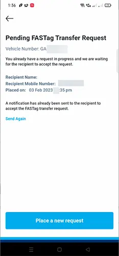 Pending FASTag Transfer Request