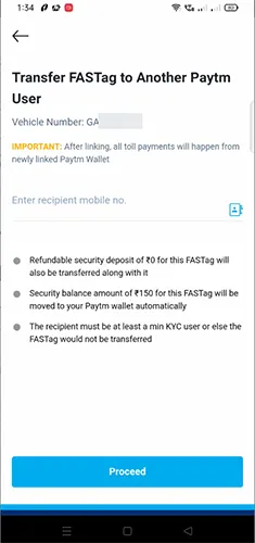 Transfer FASTag to Another Paytm User