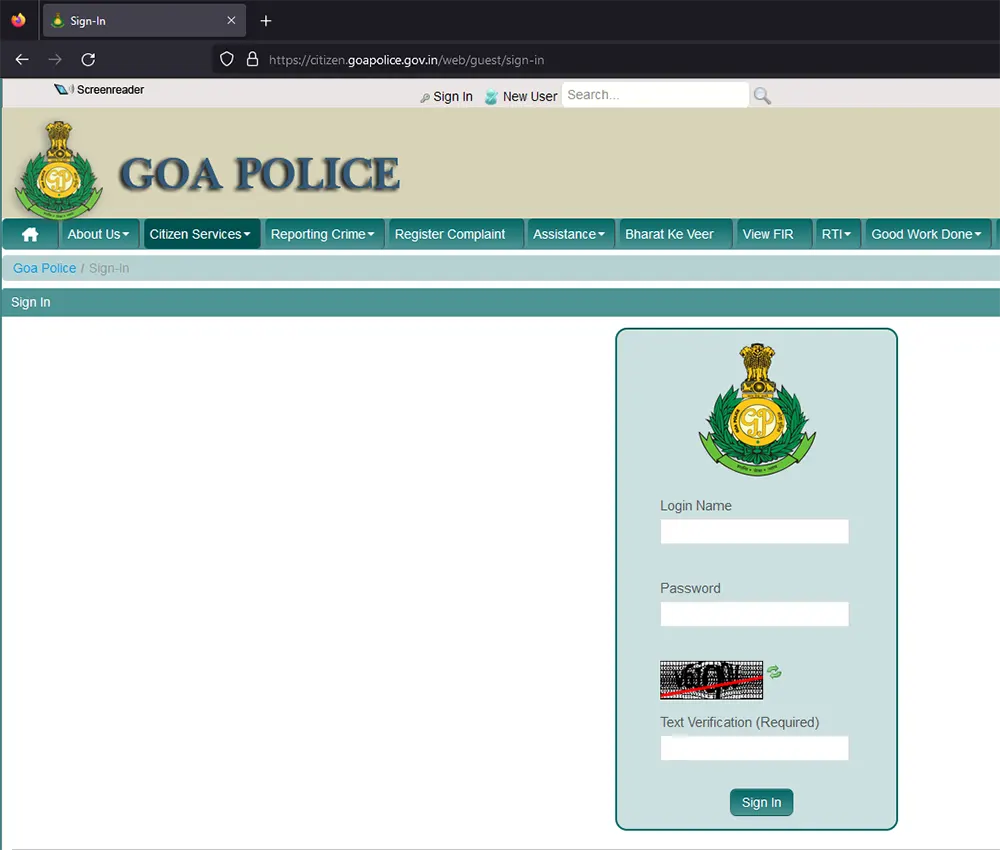 Goa Police Portal Signin