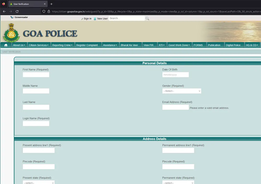 Goa Police Portal New User Registration