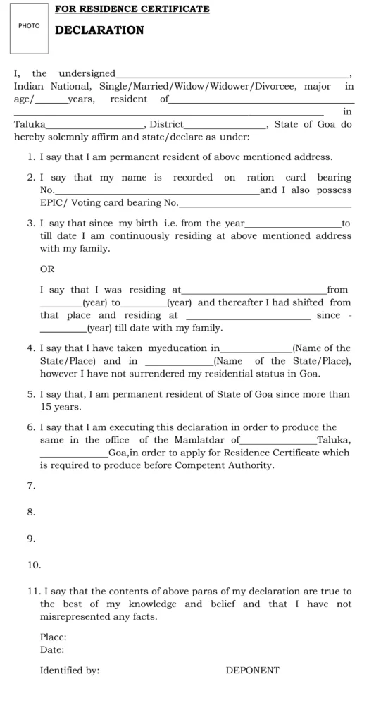Goa Residence Certificate Self Declaration