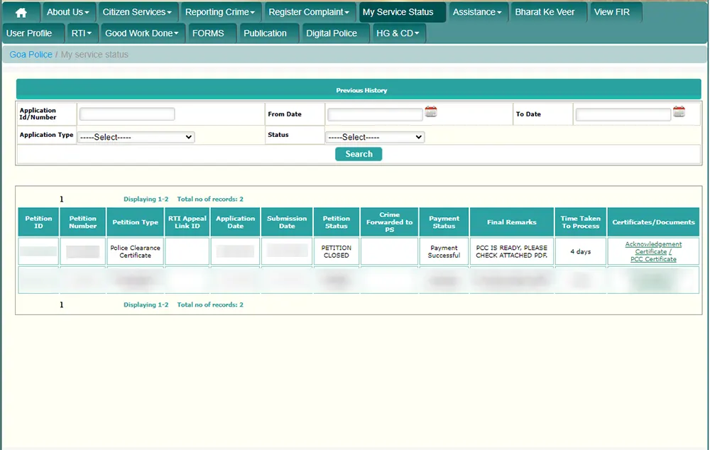 PCC My Service Status